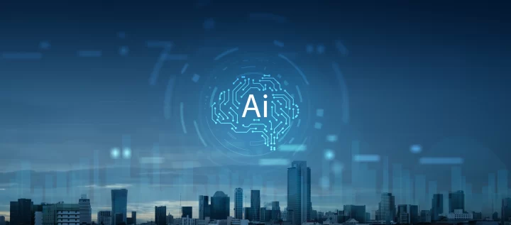 Artificial intelligence brain icon symbolizing advanced technology and smart city infrastructure in a futuristic urban landscape.
