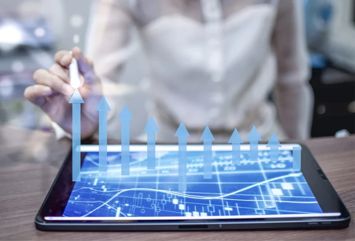 Business woman analyzing finances, Conceptual Business Finance growth Chart still life, Arrow moving up, Achievement, concept, Rating, Satisfaction concepts