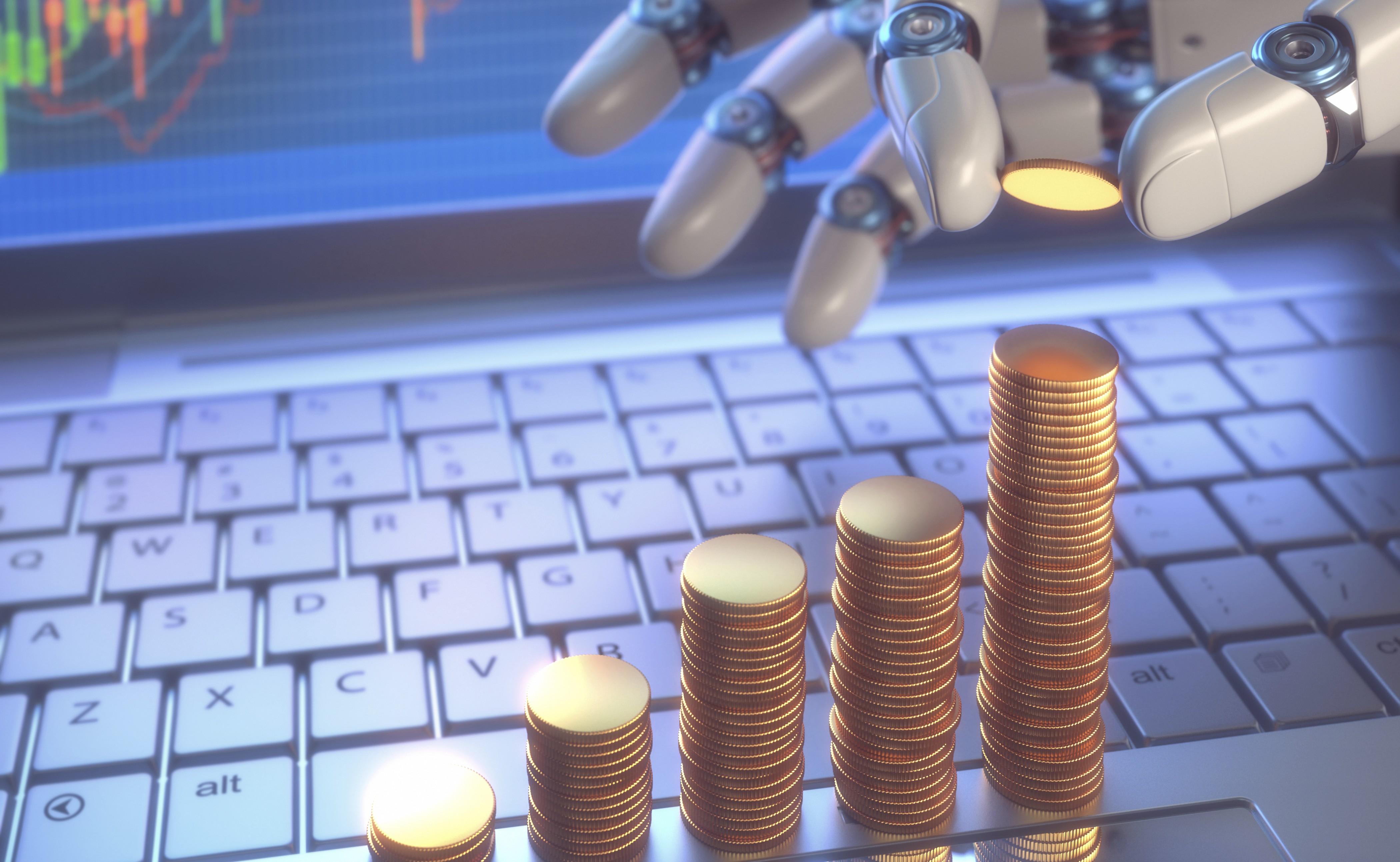 Robot hand counting coins on a laptop